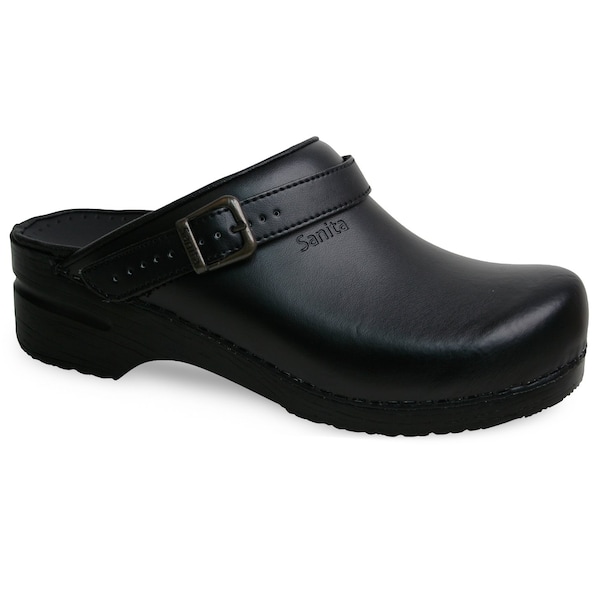 Women's Open Back Clog, PU-coated leather Upper, Polyurethane Outsole, Black, Size 10.5-11 M